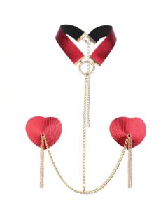Accessory set nipple covers and metallic red choker
